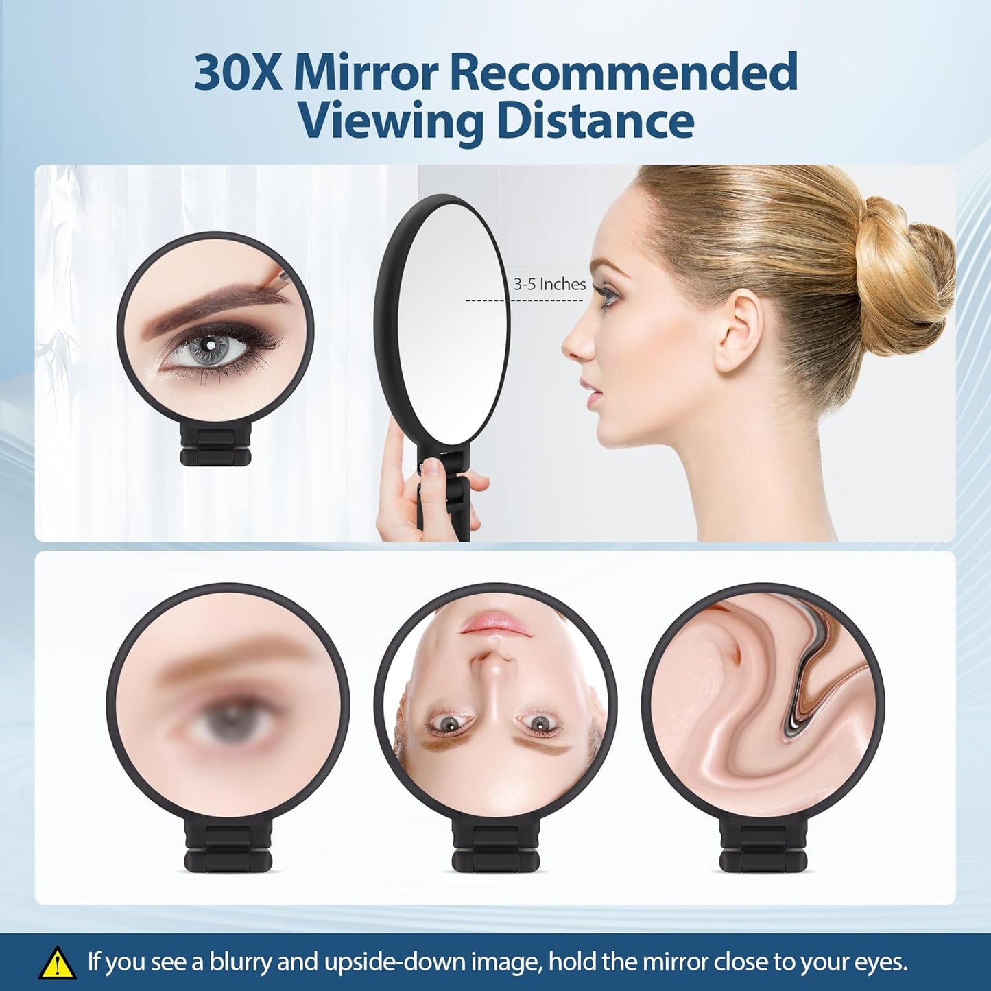 30X Magnifying Hand Mirror - Double-Sided Portable Makeup Mirror | Travel Essential in Black
