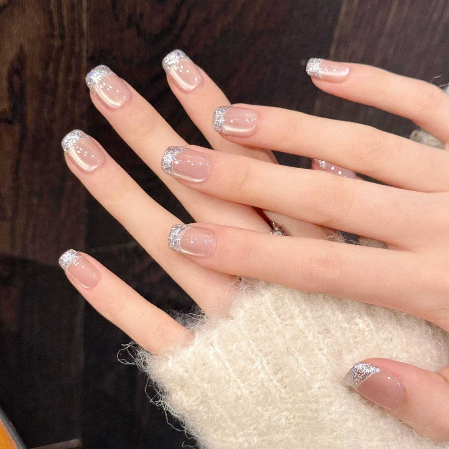 Handmade Press On Nails - Nude Pink Glitter French Tips | 10 Pcs Reusable & Easy to Apply