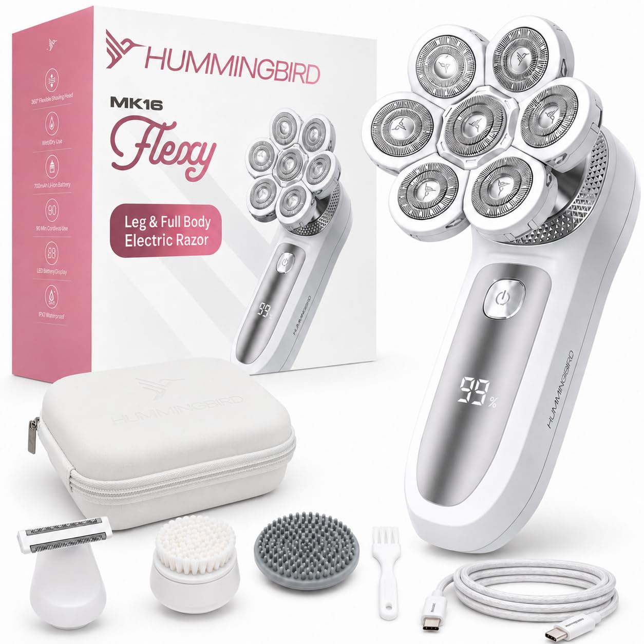 HUMMINGBIRD Flexy Electric Razors for Women – Cordless Rechargeable Waterproof Electric Leg Shaver for Silky Smooth Legs, Hair Removal Kit, Exfoliator, Cleanser, Travel Case & Bikini Trimmer for Women