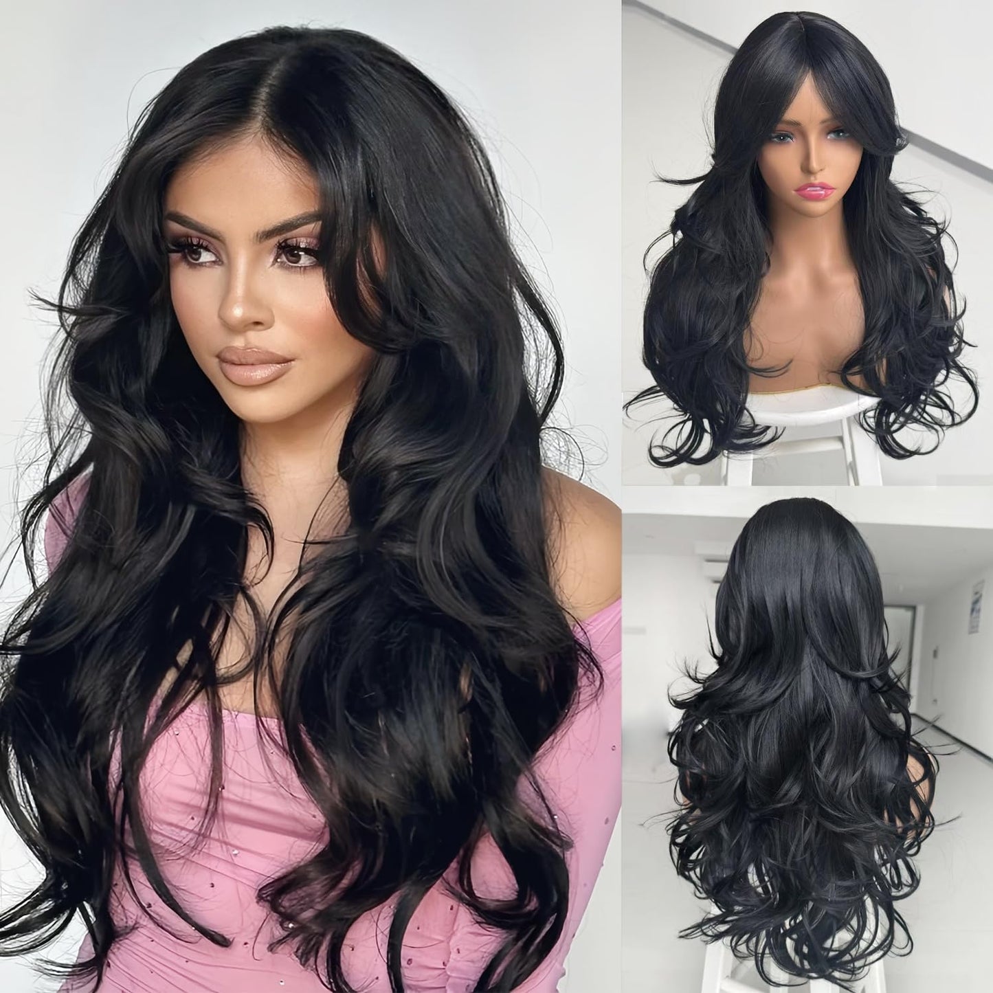 Long Black Wavy Wig for Women - Layered Synthetic Hair with Curtain Bangs | 24-Inch Natural Look