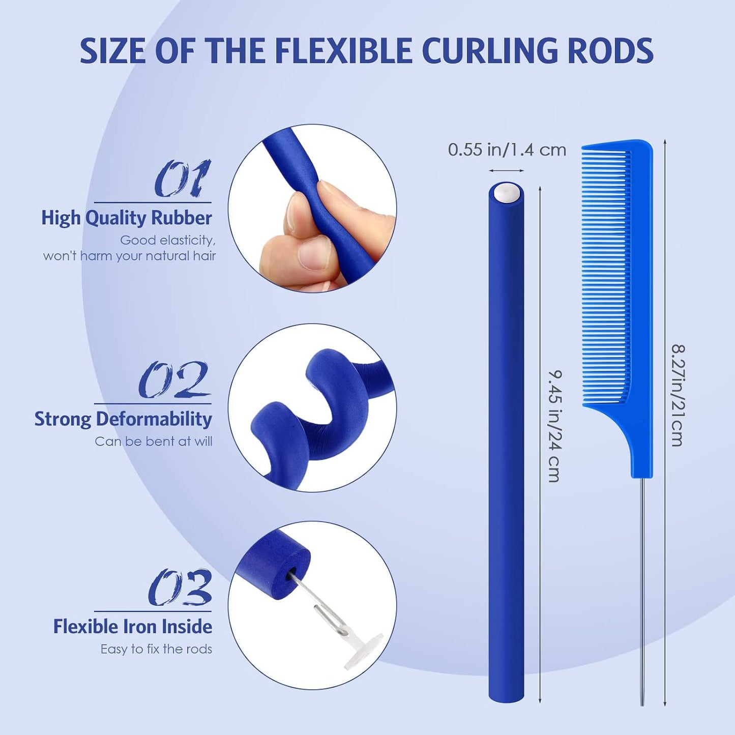 Flexible Curling Rods - 30 Pcs Foam Rollers for No Heat Styling | Dark Blue, 9.45 x 0.55 Inch