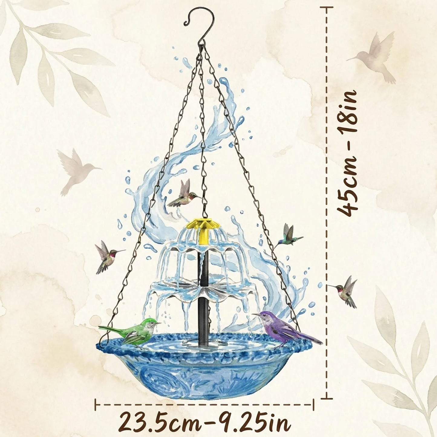 2026 Solar Cascade Hanging Bird Bath Fountain, Solar Powered Birdbath Water Fountain Pump Dispenser, Outdoor Decor Hummingbird Bath Shower Bowl Kit, Garden Gift for Yard Patio Decoration (Blue)