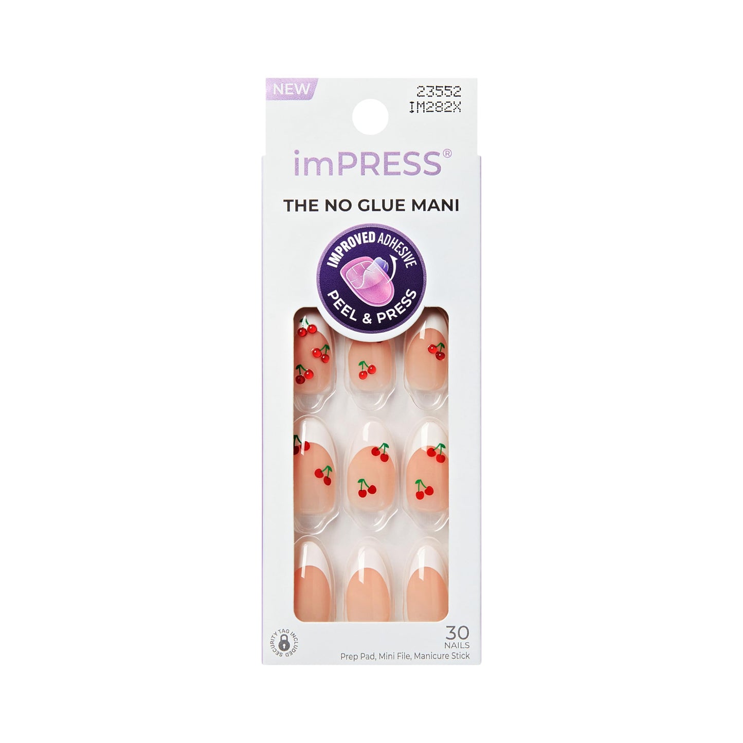 Kiss Impress No Glue Mani Press On Nails, Design, 'Coast', Red, Medium Size, Almond Shape, Includes 30 Nails, Prep Pad, Instructions Sheet, 1 Manicure Stick, 1 Mini File