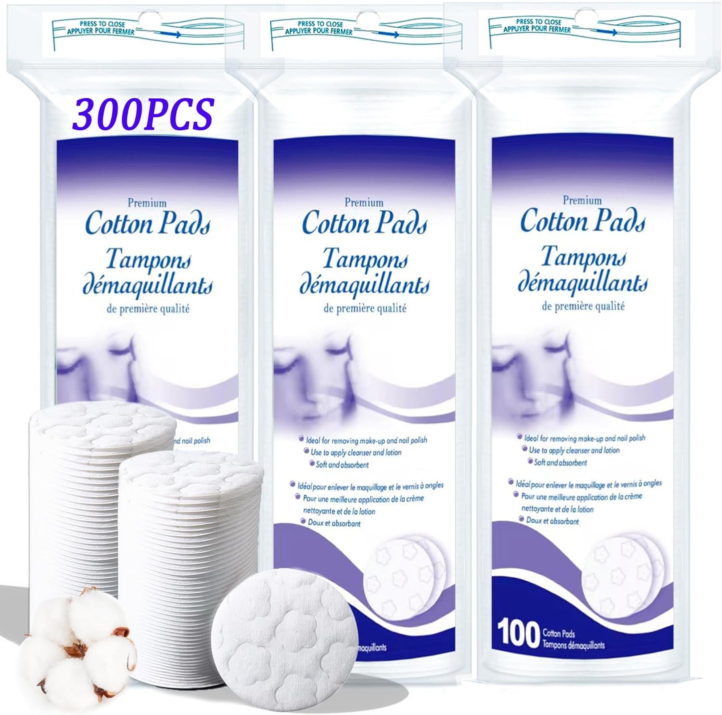 Premium Cotton Pads - Organic Round Makeup Remover Pads | Lint-Free, 300 Count