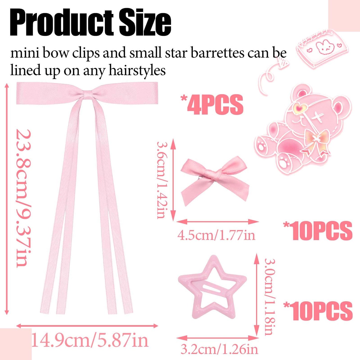 STGDAK Mini Hair Bows For Women Girls Pink Star Clips Cute Bow Barrettes Kawaii Star Hairpins Y2k Hair Ribbon Long Tail Bowknot Coquette Hair Accessories 24Pcs