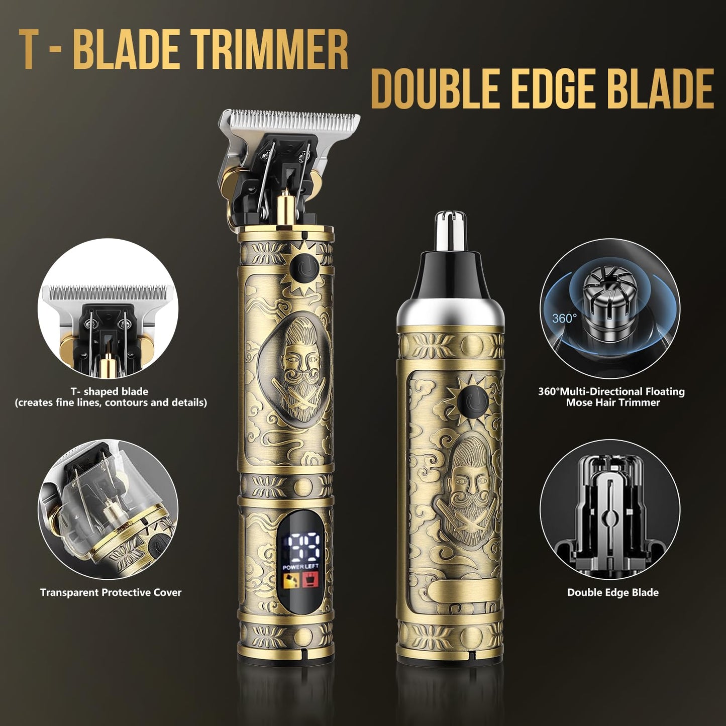 Bomxin Professional Hair Clippers for Men,Cordless Barber Clippers and Trimmers Set,Beard Trimmer for Men，Electric Razor Foil Shavers for Ear, Face, Nose, Barber Kit with LCD Display (Bronze)