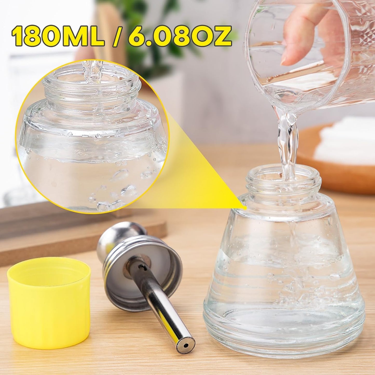 Clear Acetone Pump Dispenser - 6Oz Leak-Proof Glass Bottle for Nail Polish Remover | Makeup Remover