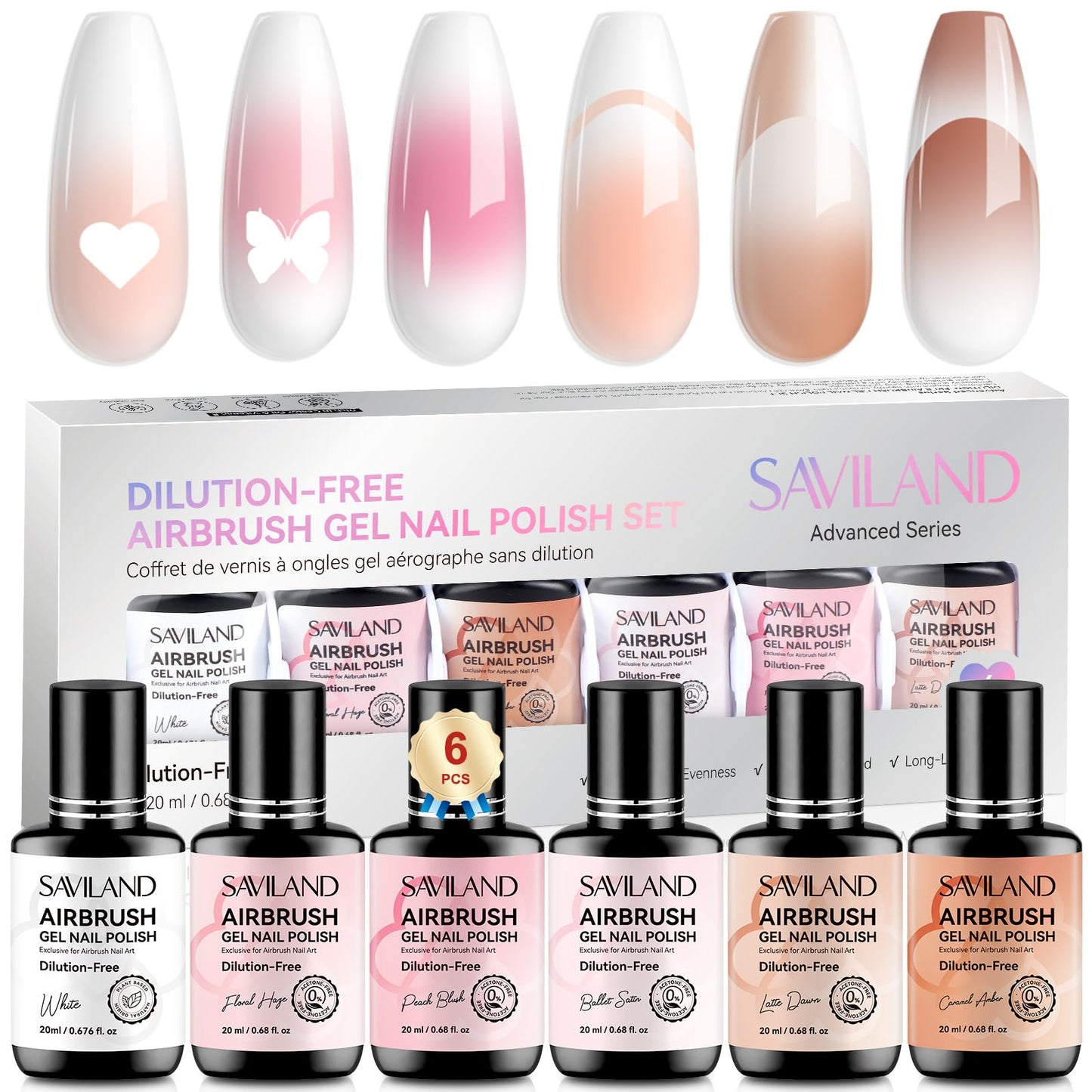 SAVILAND Dilution-Free Airbrush Gel Nail Polish: 6PCS 20ml White Pink Nude Airbrush Paint for Nails 0-Acetone Non-Toxic Airbrush for Nails Gel 28 Days Lasting for Ombre French Nail Art Party