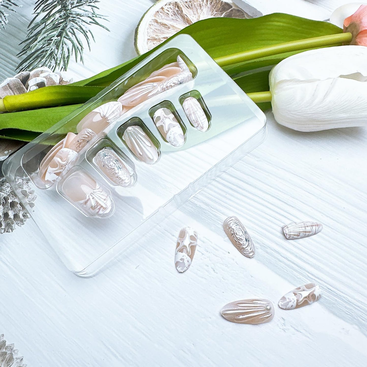 30Pcs Summer Beach Press-On Nails - Medium Almond French Tip with 3D Pearl Seashell Designs | Ocean-Inspired Acrylic Nails for Women