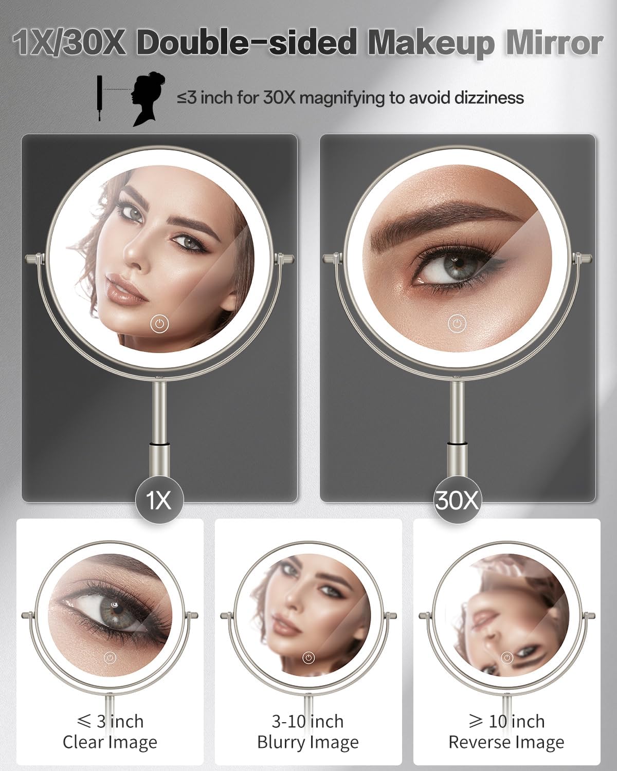 30X/1X Makeup Mirror with Lights - Adjustable Height, 3 Lighting Modes & Rechargeable | Perfect Gift for Women