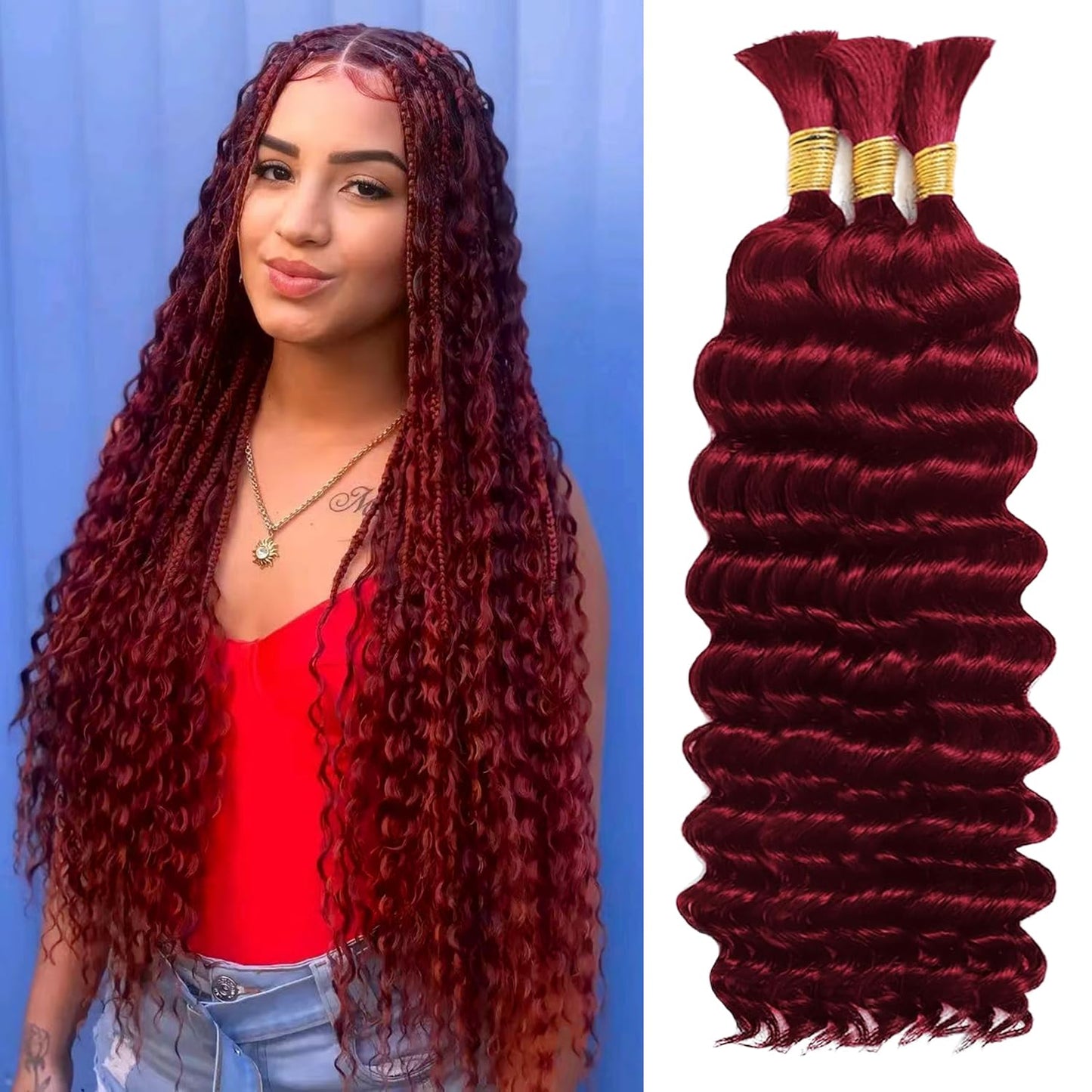 22 Inch Human Braiding Hair - Boho Deep Wave Bulk Brazilian Virgin Hair | 3 Bundles, 110g, Natural Color