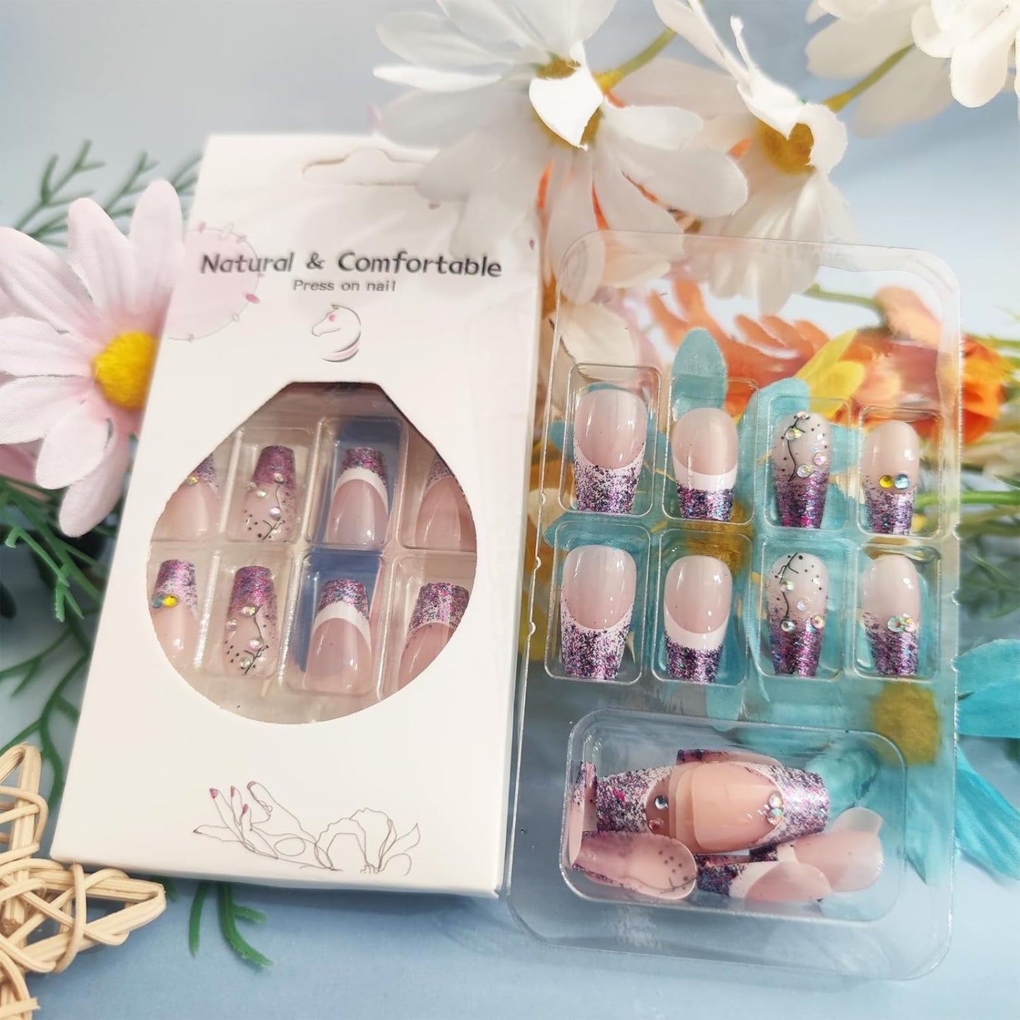 Glossy Purple Glitter French Tip Press-On Nails - Medium Coffin Shape with Rhinestones | 24 Pcs Full Cover Acrylic Set