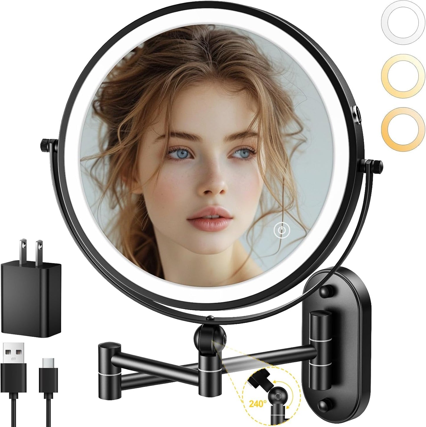 Lighted Makeup Mirror - 9" Wall Mounted 1X/10X Magnifying Mirror with 3 Color Lights | Rechargeable, Touch Dimmable, 360° Rotation