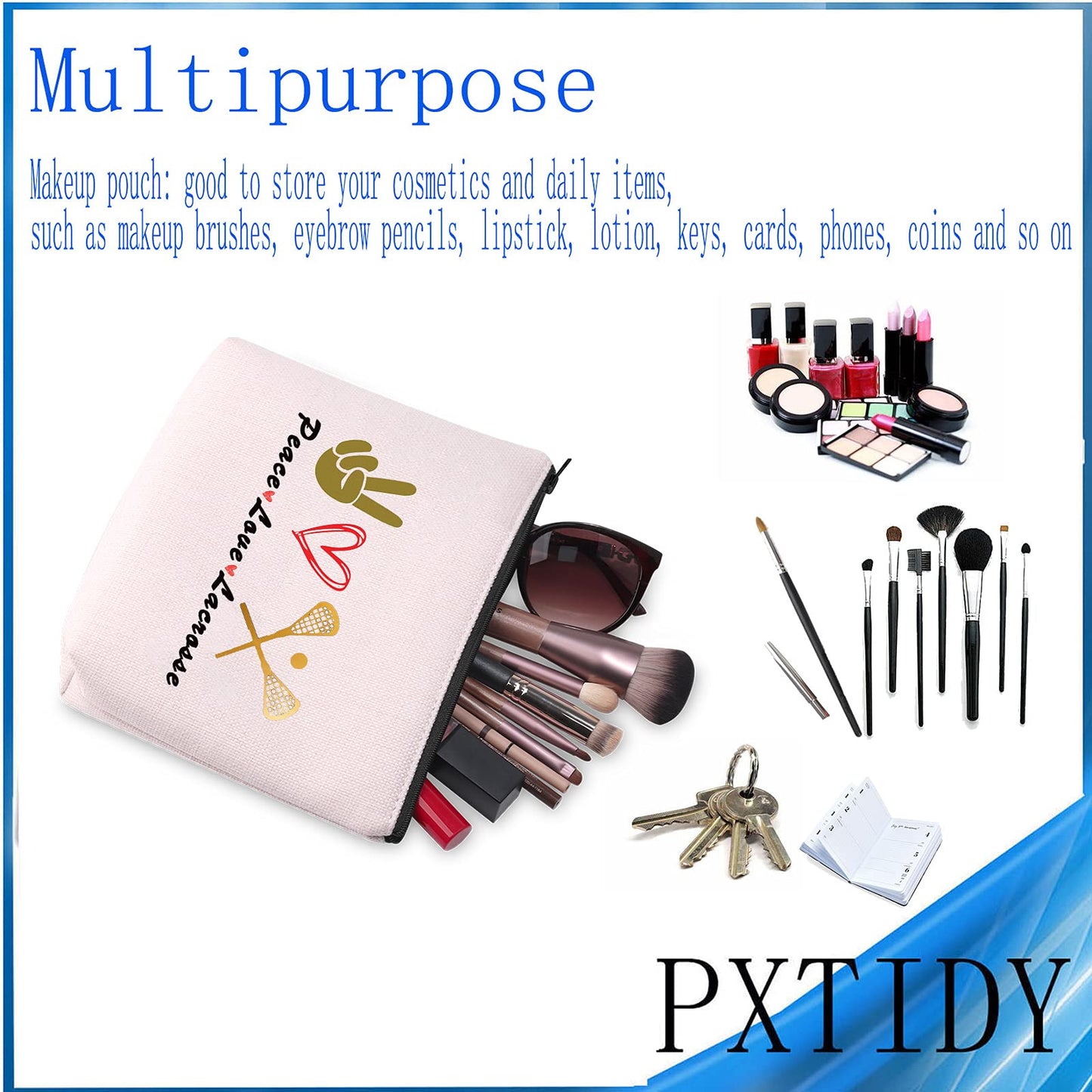 PXTIDY LAX Lacrosse Gifts Peace Love Lacrosse Makeup Bag Lacrosse Player Cosmetic Bag Gifts for Lacrosse Moms Lacrosse Fans(Beige)