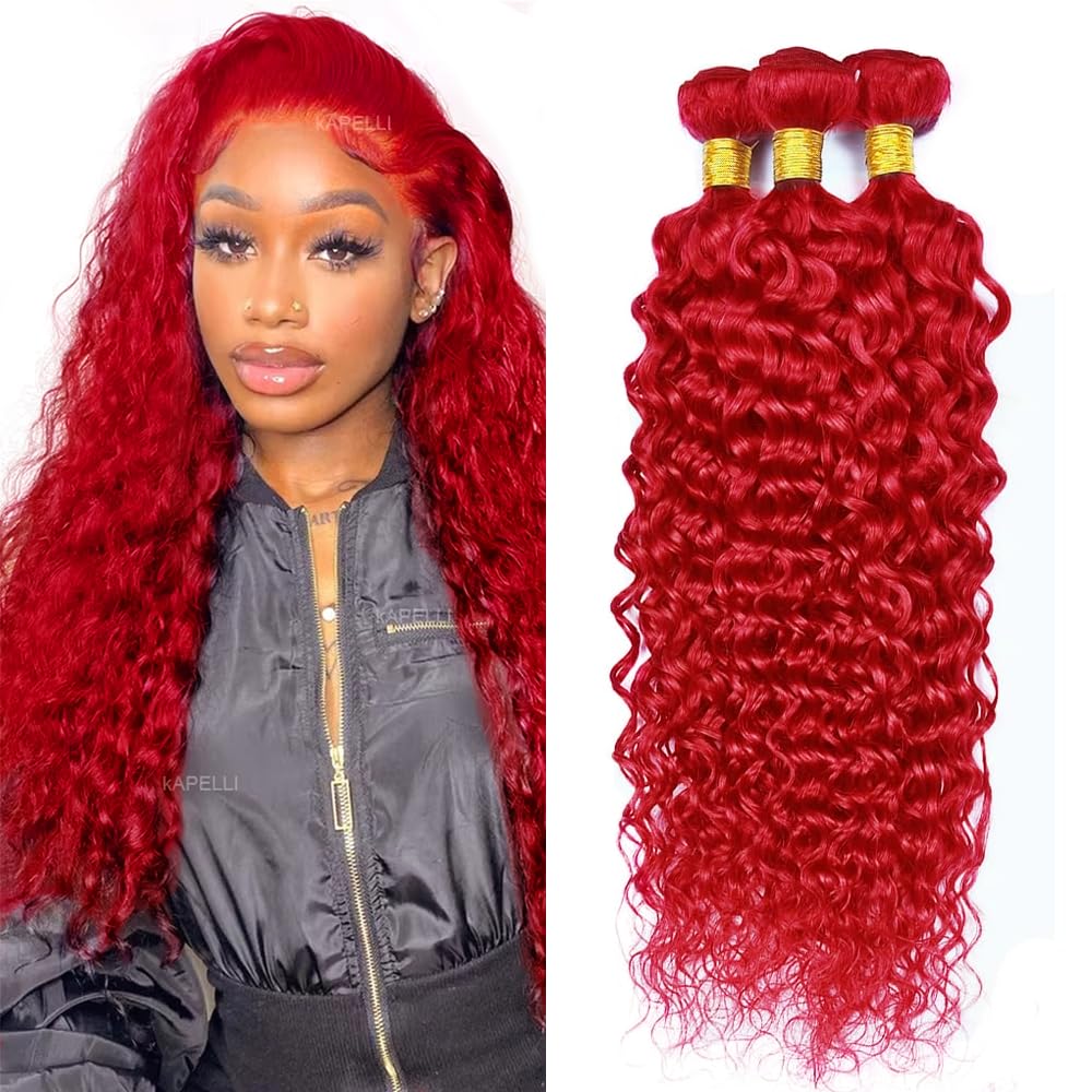 26 28 30 inch Red Human Hair Bundles Mixed Length Brazilian Virgin GveoXvo Red Water Wave Bundle Hair Extensions