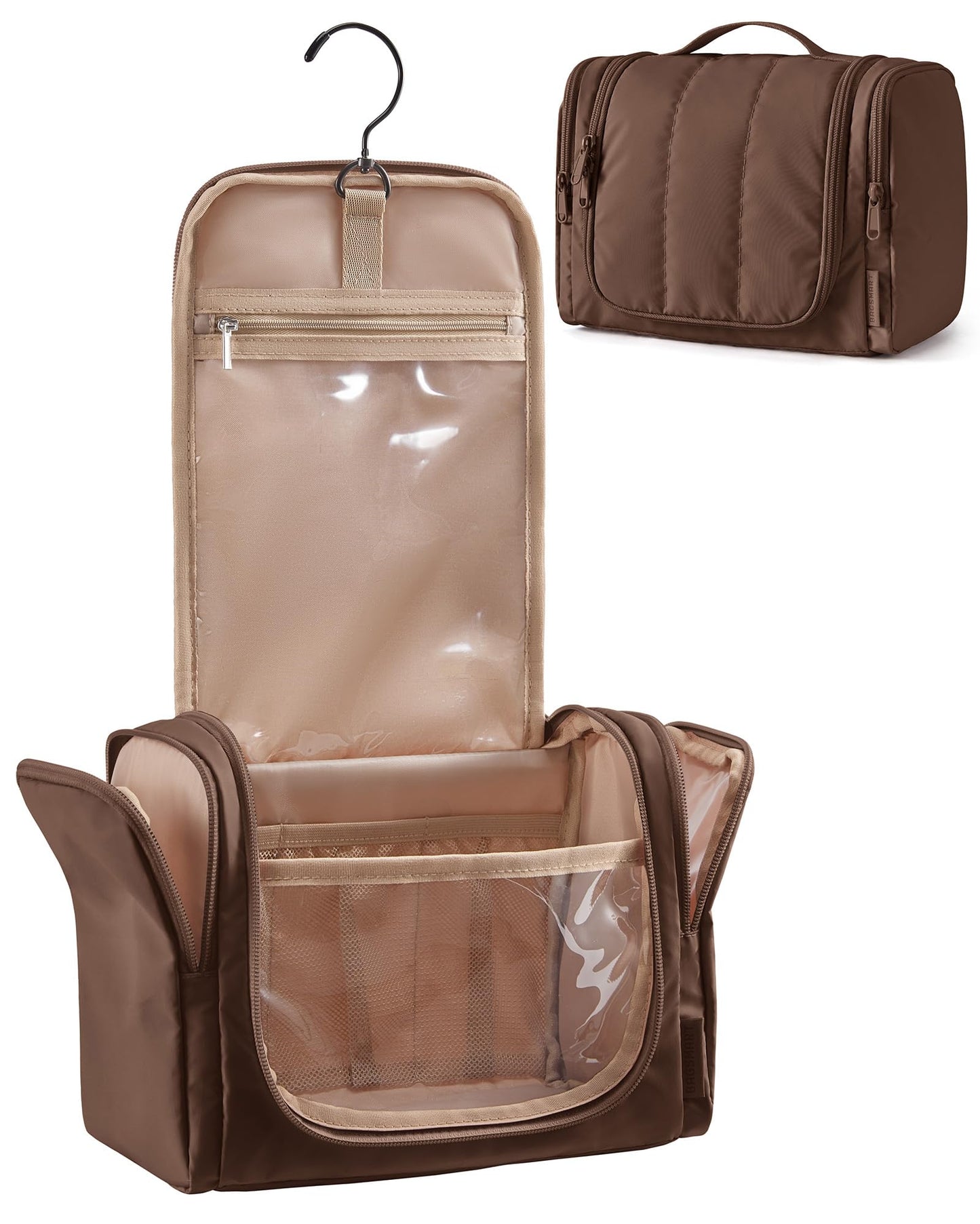 BAGSMART Travel Toiletry Bag for Women, Puffy Hanging Toiletry Bag with Hook, Water-resistant Toiletry Organizer for Full Sized Toiletries (Coffee Brown)