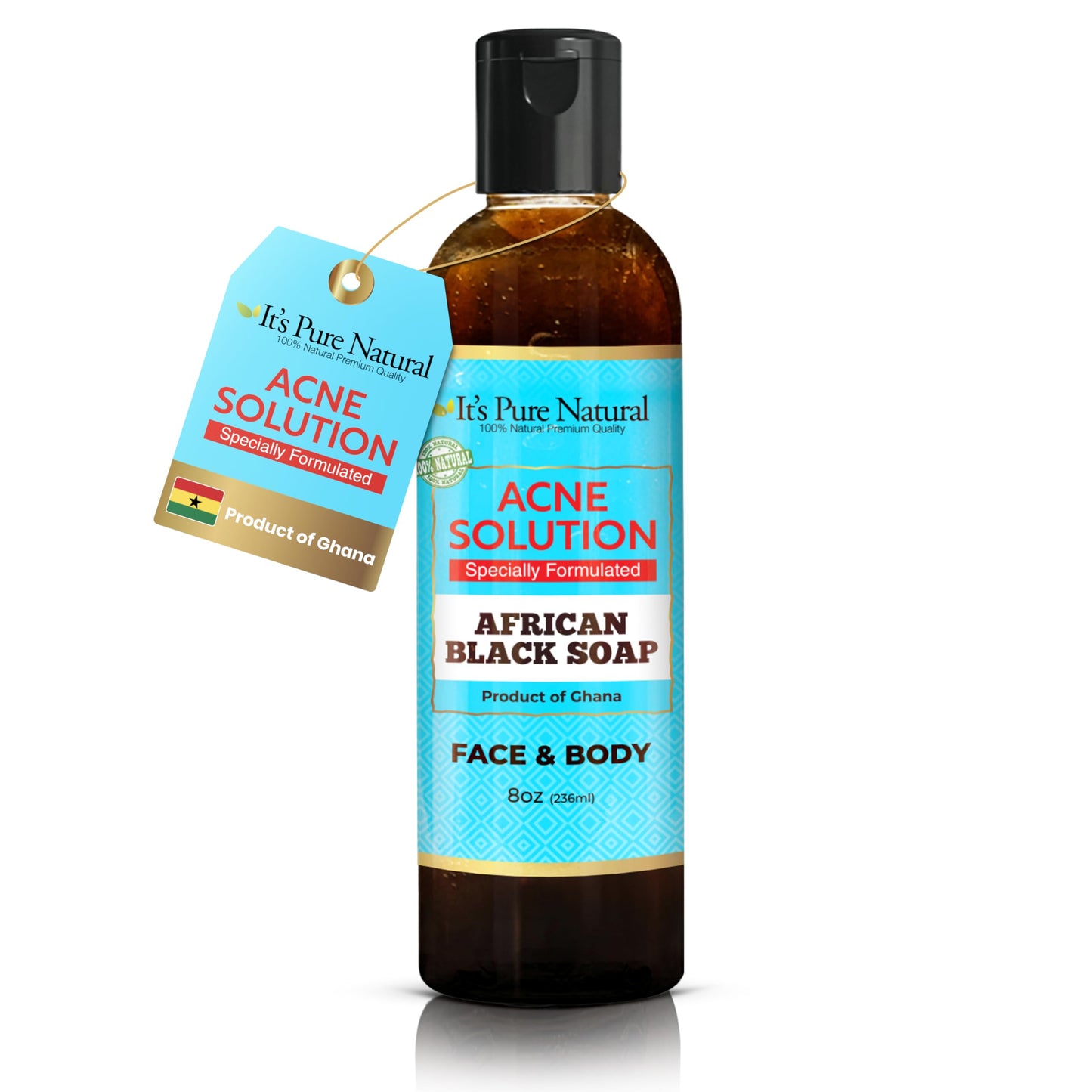 It's Pure Natural African Black Soap, Liquid Form, Traditional Handmade Raw Soap with Shea Butter and Coconut Oil, Face and Body Cleanser, (8oz, Acne Solution)