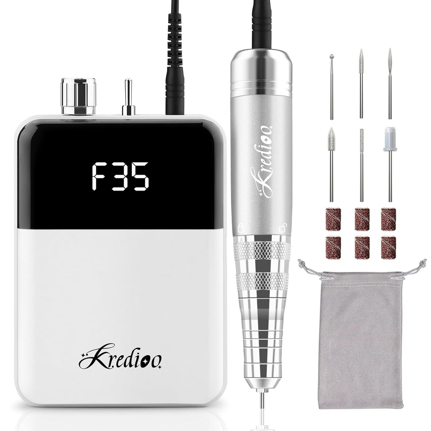 Kredioo Portable Nail Drill - 35000 RPM Rechargeable Electric Nail File Kit for Professional Manicure | White