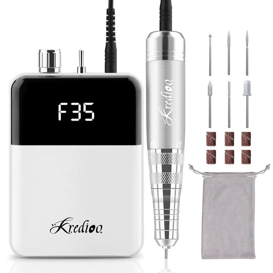 Kredioo Portable Nail Drill - 35000 RPM Rechargeable Electric Nail File Kit for Professional Manicure | White