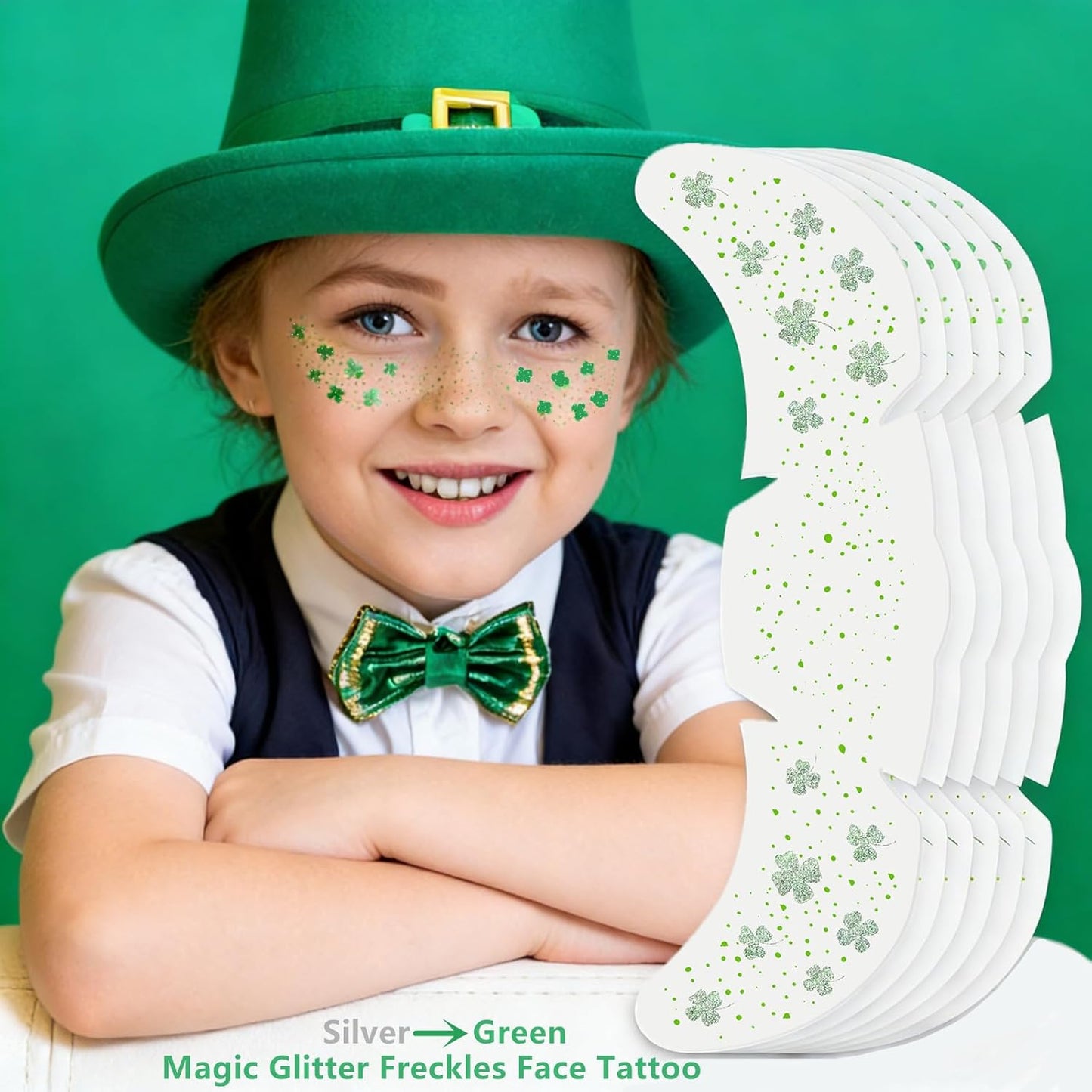 Shamrock Glitter Freckles Face Tattoos - St. Patrick's Day Accessories | 6 PCS Green Sparkle Stickers for Women & Kids