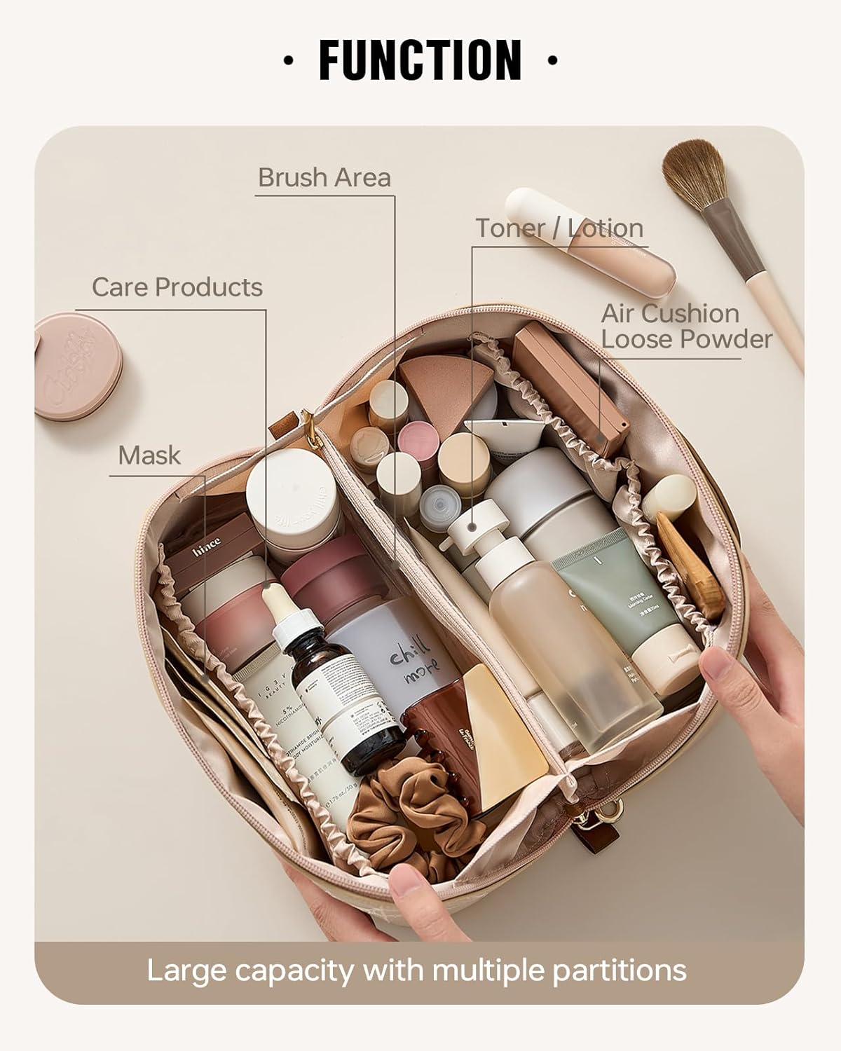 Travel Makeup Bag - Large Capacity Waterproof Cosmetic Pouch | Open Flat Design (Brown)