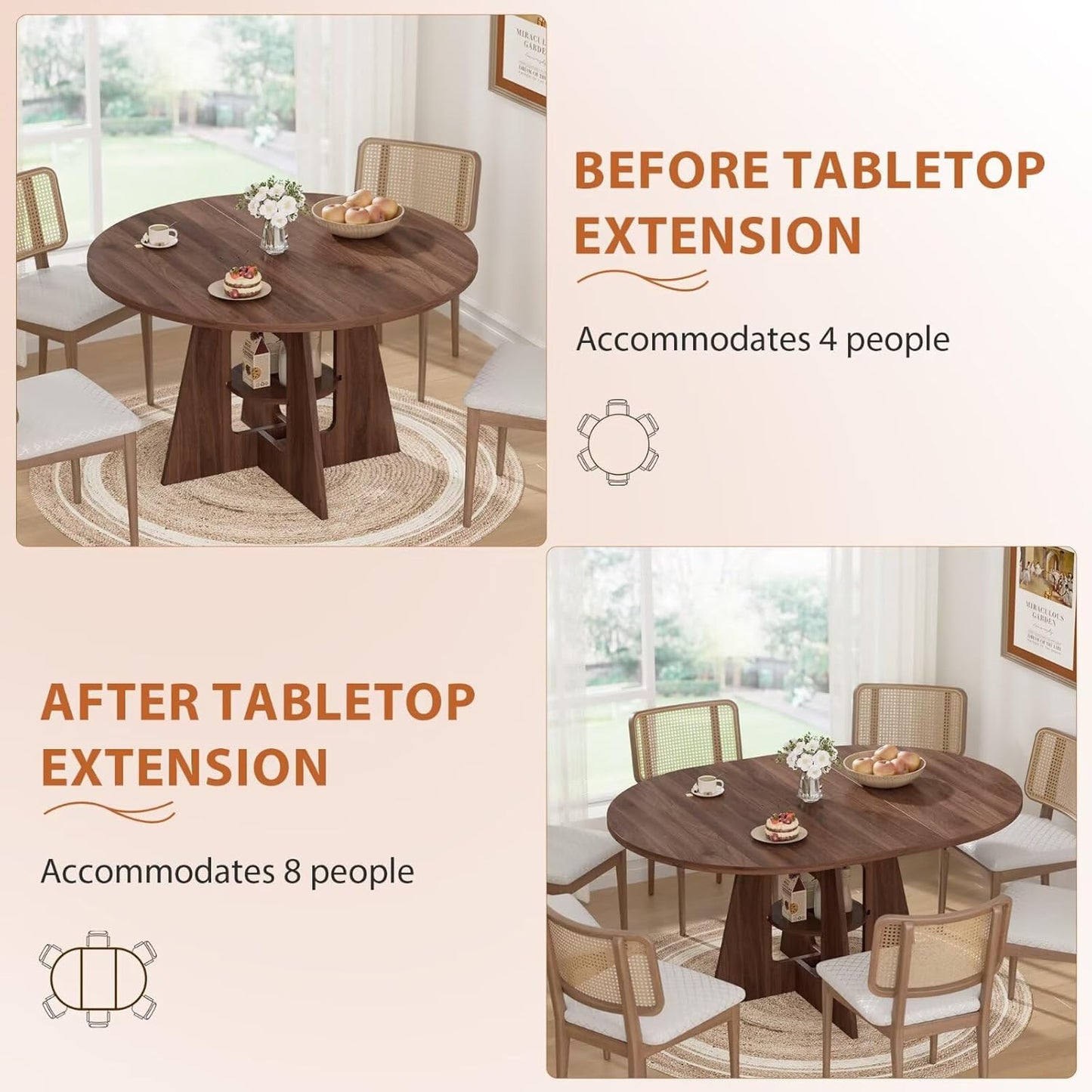 Extendable Round Dining Table for 4-8 | Modern Kitchen Design with Storage Shelf - 43.3in to 59in