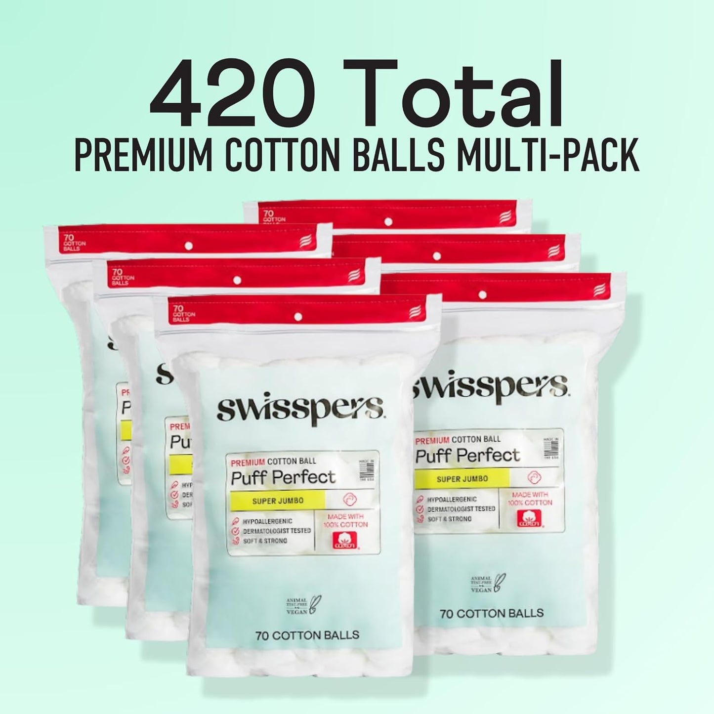 Swisspers Puff Perfect Jumbo Cotton Balls - 100% Natural Hypoallergenic Puffs for Skincare, Pets & Crafts | 70 Count, 6 Pack