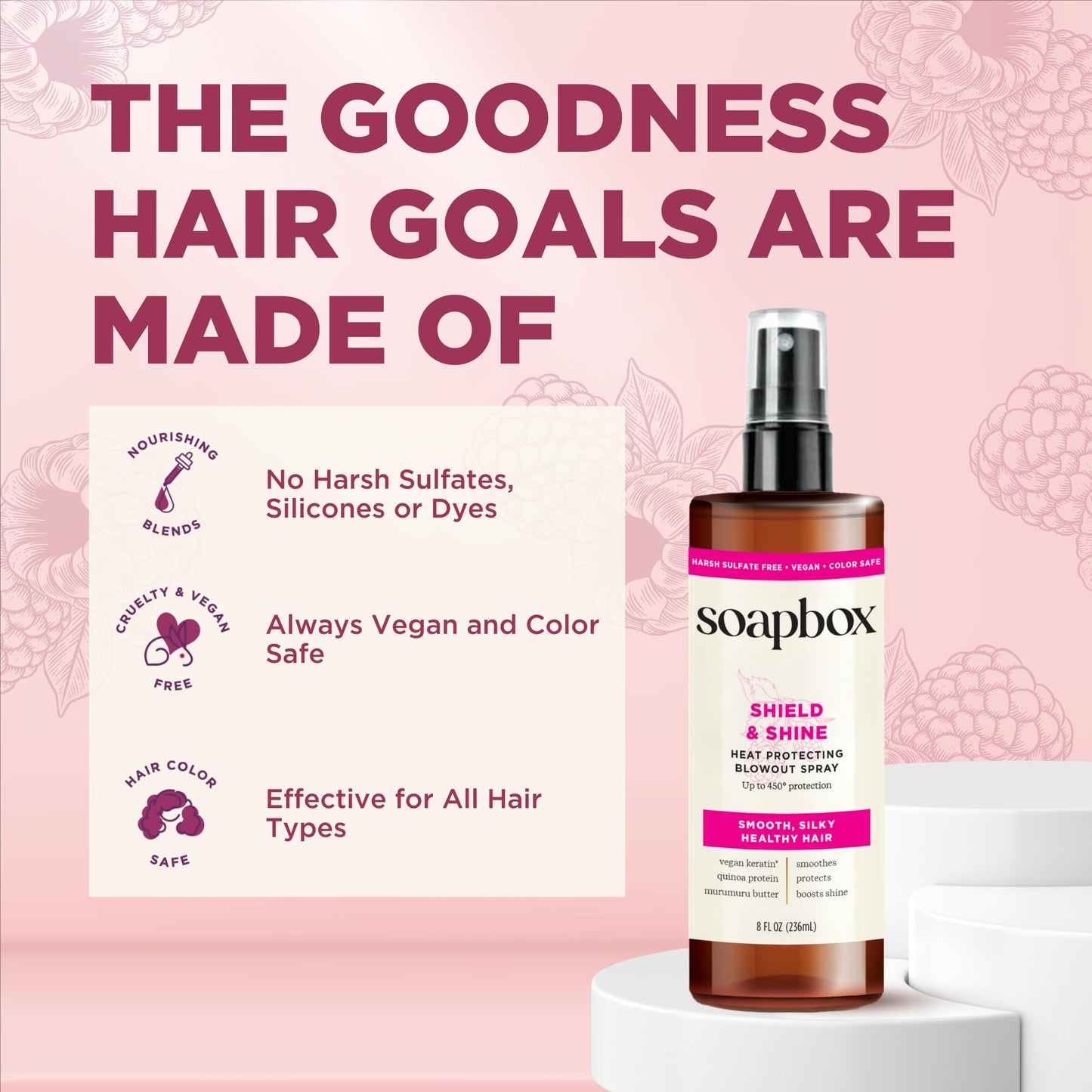Soapbox Heat Protectant Spray, 8oz - Strengthening Hair Care, 3-in-1 Heat Protection, Shine Boosting, Anti Frizz Hair Spray, Vegan, Silicone Free, Sulfate Free, Color Safe