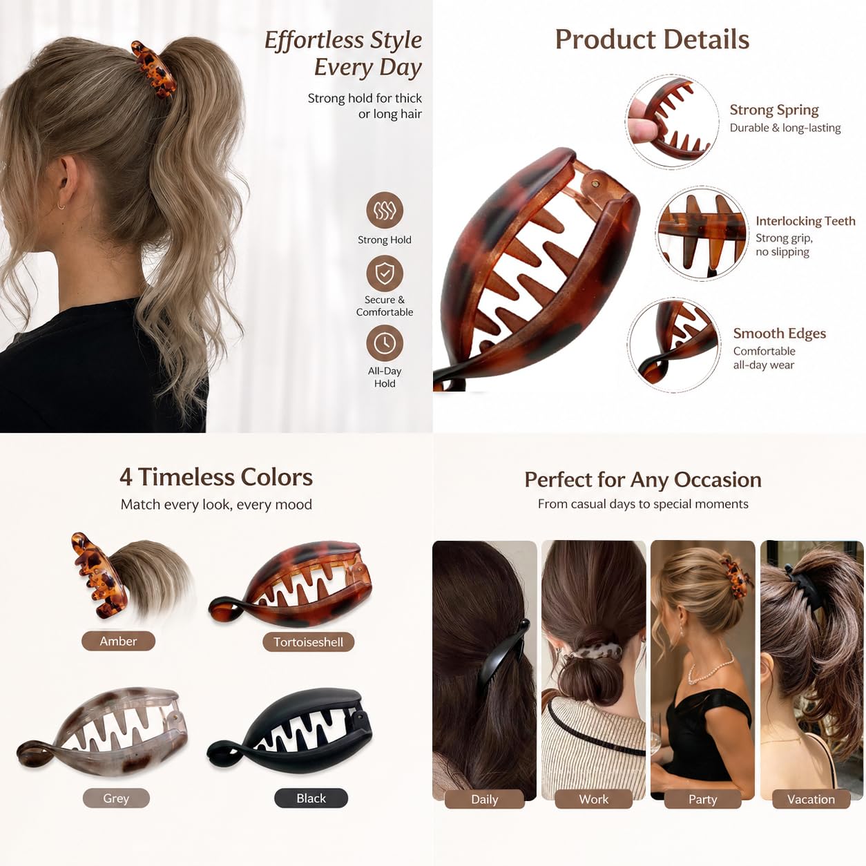 Banana Hair Clips Small Hair Clip 4PCS Cute Oval Black Gold Leopard Print Banana Hair Accessory Clip Non Slip for Ponytails Buns Curly Hair Claw Clips for Women Daily Thin Hair Decoration