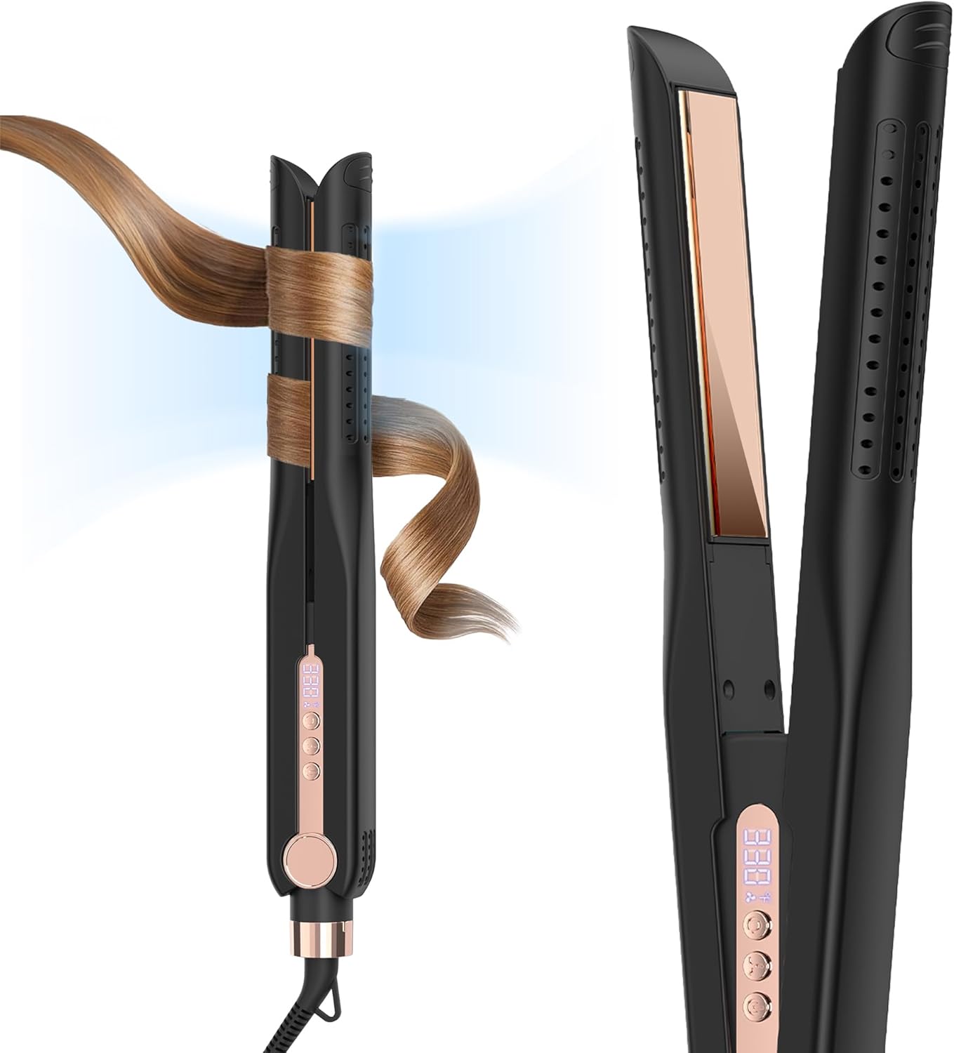 SKIMI Airflow Styler 2.0 - Titanium Flat Iron & Curling Wand with 96 Cool Air Vents | Dual Voltage, Anti-Tangle, 5 Heat Settings (Black & Champagne)