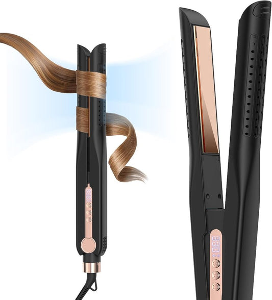 SKIMI Airflow Styler 2.0 - Titanium Flat Iron & Curling Wand with 96 Cool Air Vents | Dual Voltage, Anti-Tangle, 5 Heat Settings (Black & Champagne)