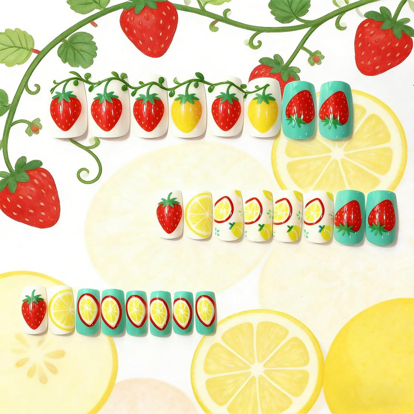 Press On Nails - Medium Square Strawberry Lemon Design | Glossy Acrylic Full Cover, 24 Pcs Reusable