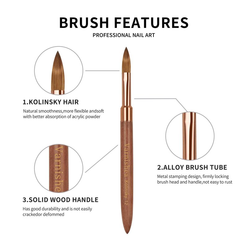 varnishea Pure Kolinsky Hair Acrylic Nail Brush Solid Wood Handle Professional Manicure Brushes for Powder Nail Acrylic Application - Salon & DIY Nail Art Essentials - Size 4, 1.0 Count