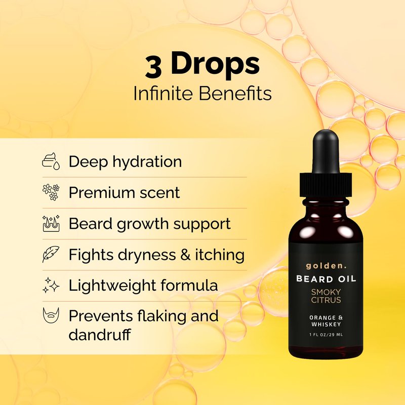 Golden Grooming Beard Oil for Men - Natural Beard Conditioner with Sweet Almond, Golden Jojoba & Argan Oil - Hydrating Beard Softener with Vitamin E - Smoky Citrus, 1oz