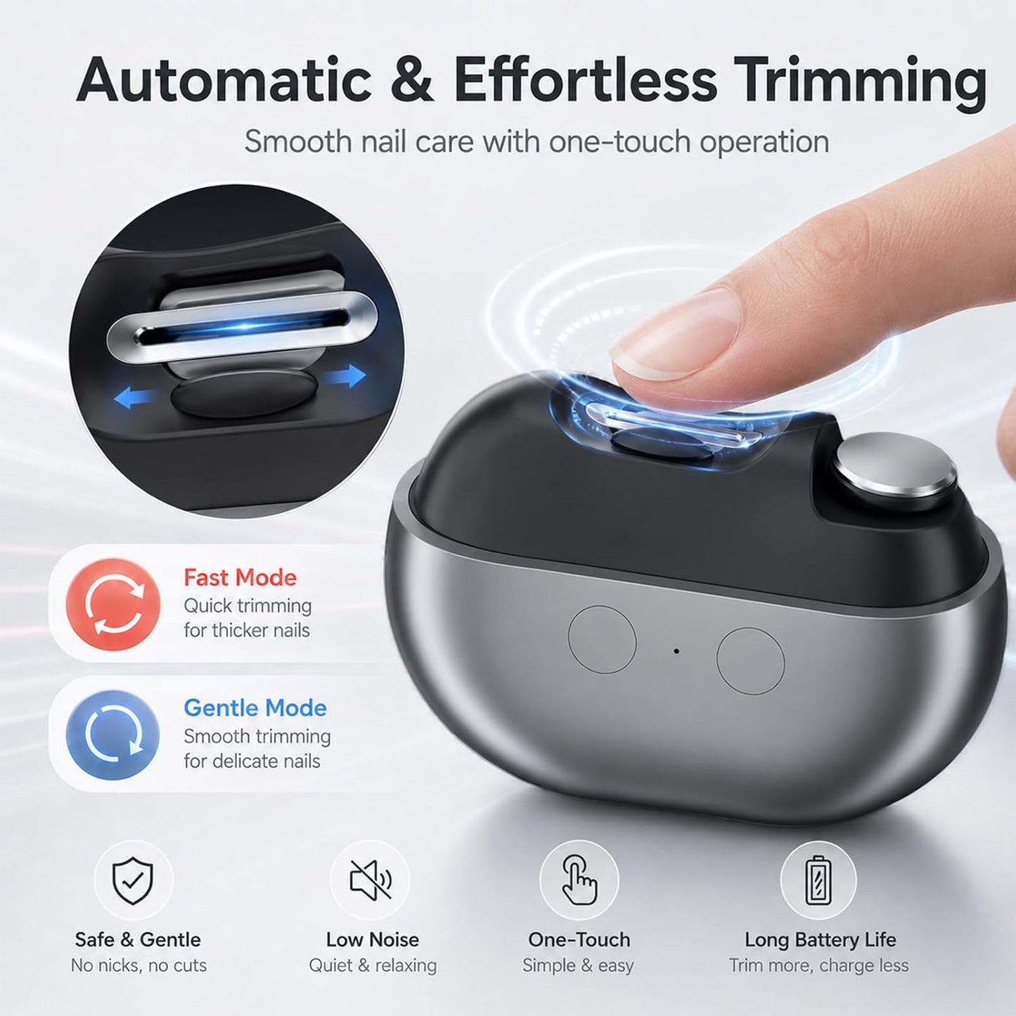 Electric Nail Clipper for Seniors - 3 in 1 Rechargeable Trimmer with LED Light | Quiet Portable Grooming Tool in Gray