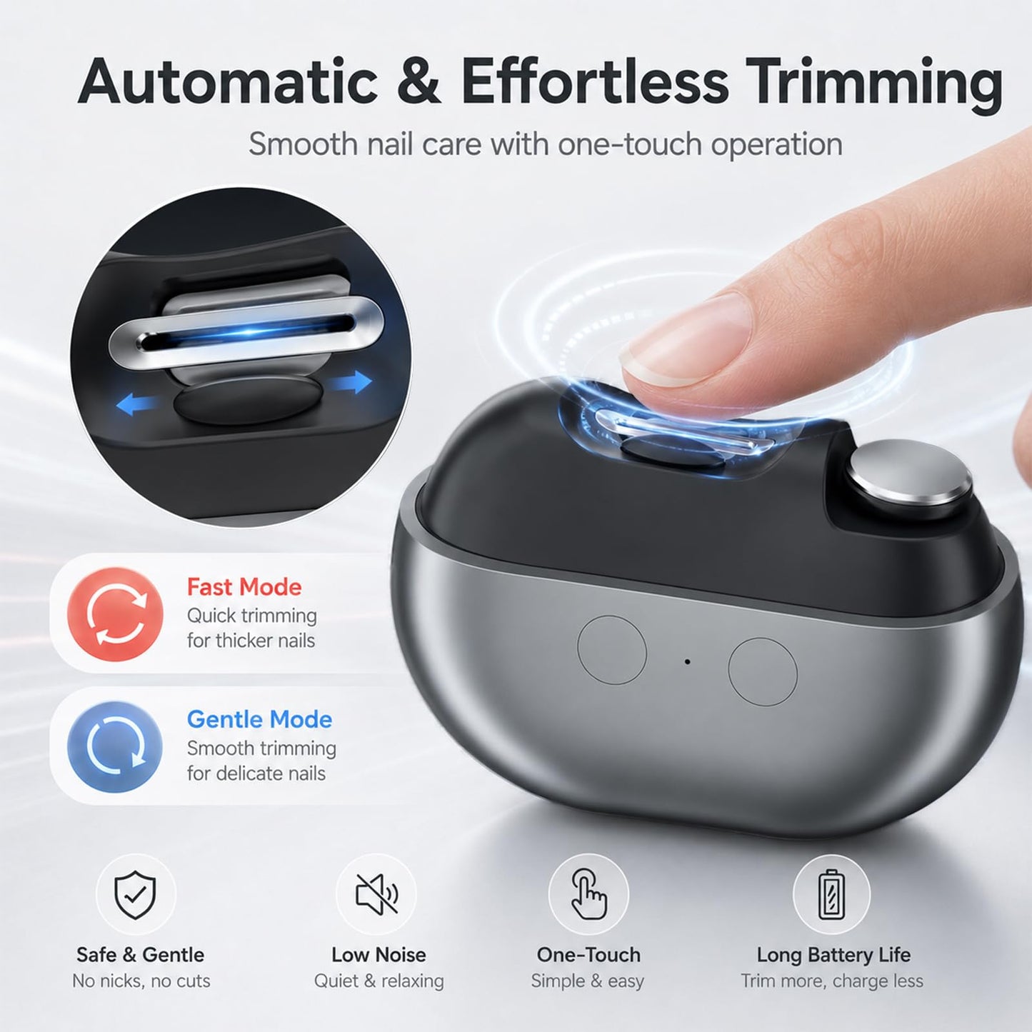 Whriou 3 in 1 Electric Nail Clipper for Seniors, Rechargeable Automatic Trimmer with LED Light and File, Quiet Portable Grooming Tool for Fingernails and Toenails, Gray
