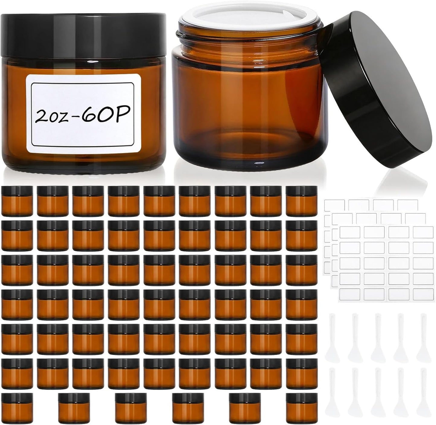 Amber Glass Jars - 30 Pcs 2 oz Leak-Proof Containers with Lids, Labels & Spatulas | Perfect for Essential Oils, Spices, DIY Projects