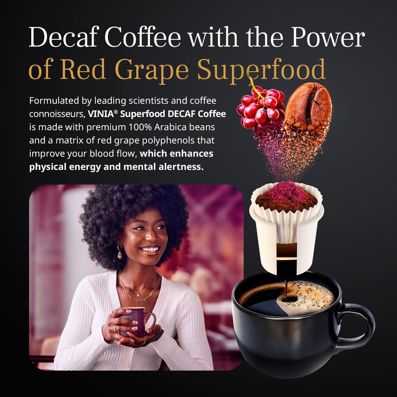 VINIA Decaf Medium Dark Roast Coffee with Red Grape Piceid Resveratrol, Nitric Oxide for Heart Health, Alertness, Physical Energy & Blood Flow Circulation. 30ct K-Cup Pods