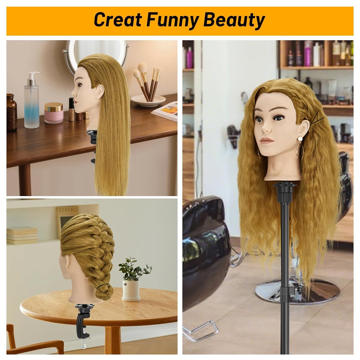 Realistic 24-Inch Female Mannequin Head - 90% Human Hair for Hairdresser Training | Includes Clamp Holder & Tools
