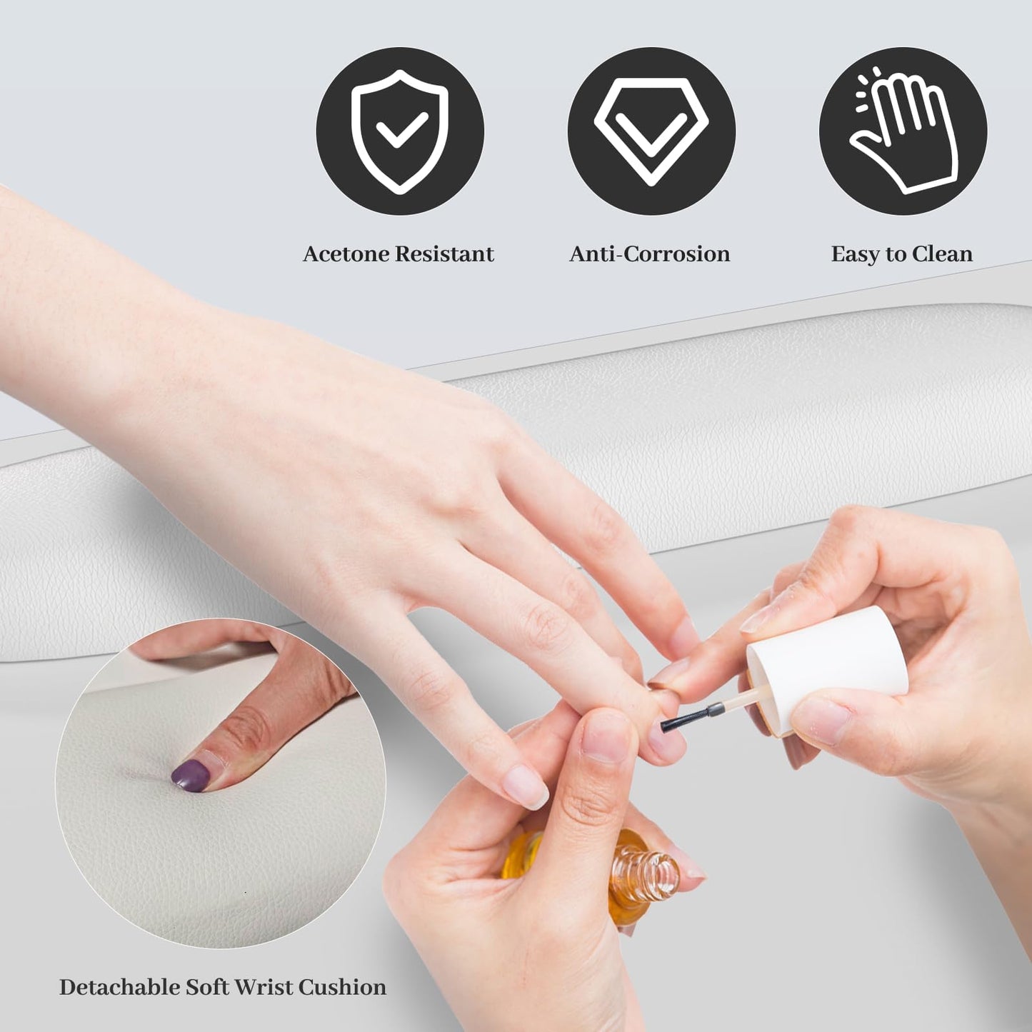 Charmmade Nail Desk for Nail Tech, Professional White Nail Desk with Wrist Pad, Acetone-Resistant Manicure Table with Storage Cabinet, Sturdy Metal Legs Nail Table for Salon, Spa, Home(White-Gold)