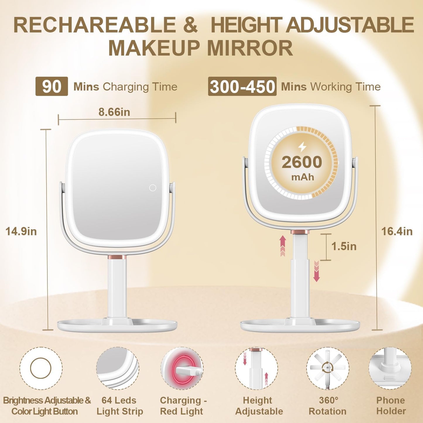 Mocado Makeup Mirror with Lights - 1X/20X Magnifying Vanity Mirror | Height Adjustable, 3 Color Options, 360° Rotation, Memory Function (White)