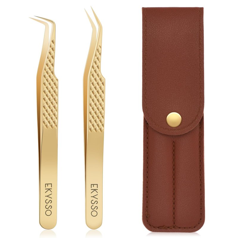 EKYSSO Lash Tweezers Set, Pack of 2 Eyelash Extension Tweezers, High Precision Tweezers for Classic, Volume & Mega Volume Lashes, Lash Extension Supplies, Lash Artist Must-Have Tools (Gold, 2 Pack)