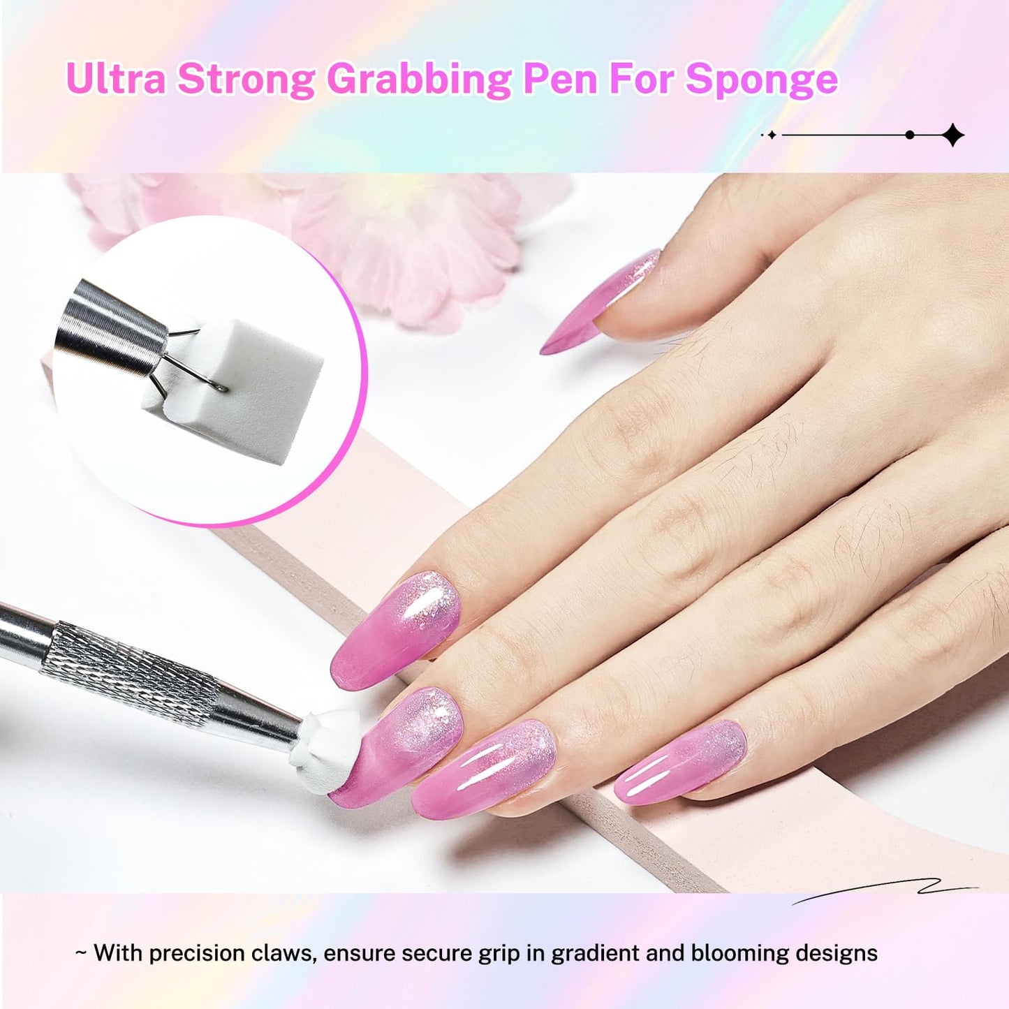 JODSONE 100PCS Soft Nail Sponges for Ombre with 1 Stainless Grabbing Pen Professional Gradient Nail Sponge Tool Nail Art Gradient Designs Blush Nail Art