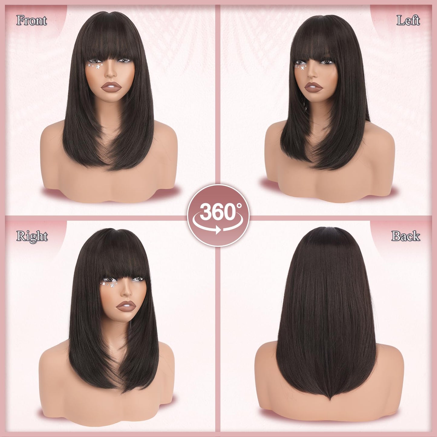 Haloo Brown Bob Wigs with Bangs Shoulder Length Straight Natural Looking Synthetic Heat Resistant Medium Hair Wigs for Women Daily Party, 16 Inch Dark Brown