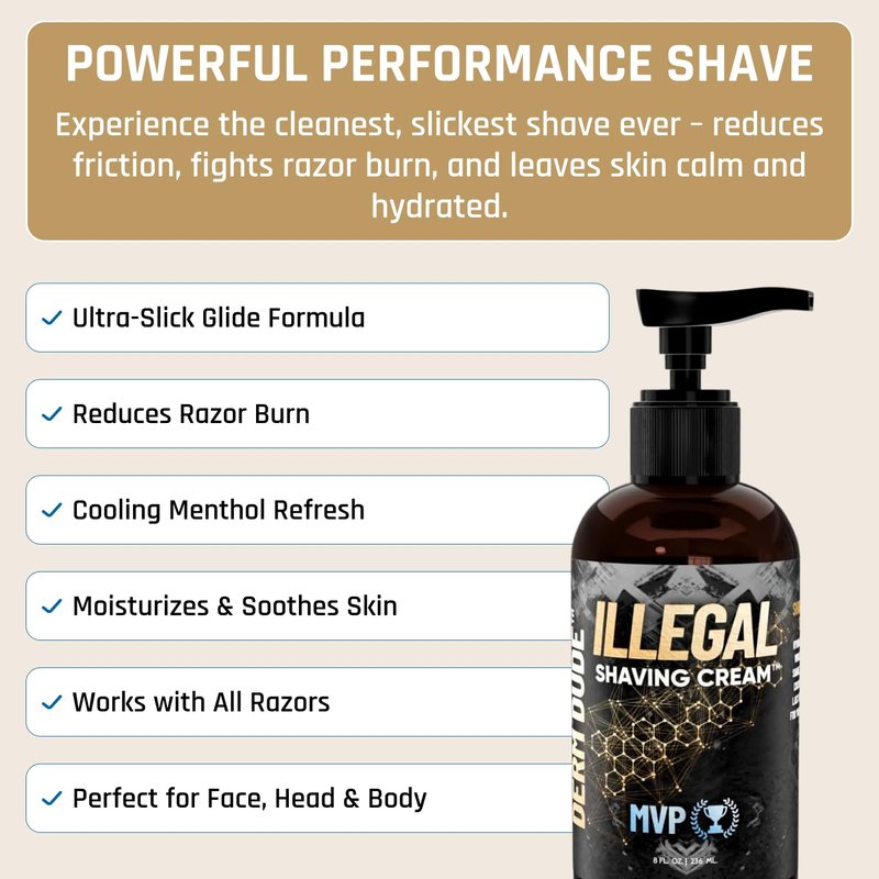Derm Dude Illegal Shave Cream for Men | Ultra-Slick Shaving Cream for Sensitive Skin | Fights Razor Burn, Bumps, Nicks & Cuts | Smooth Glide Formula – MVP Scent, 8oz