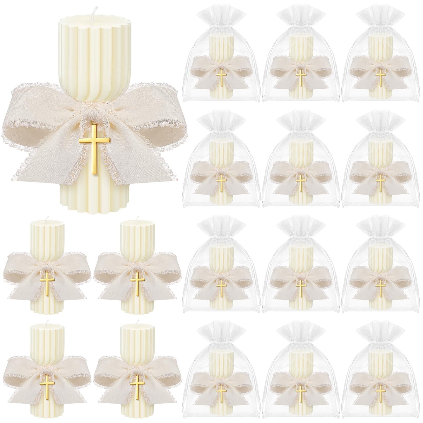 Conelist 12 Set Baptism Candle Cirios Pascual Catolico Catholic First Communion Candles with Bows and Crosses Church Prayer Gifts for First Communion Baby Christening Party Favor, 4.53 x 1.57 Inch
