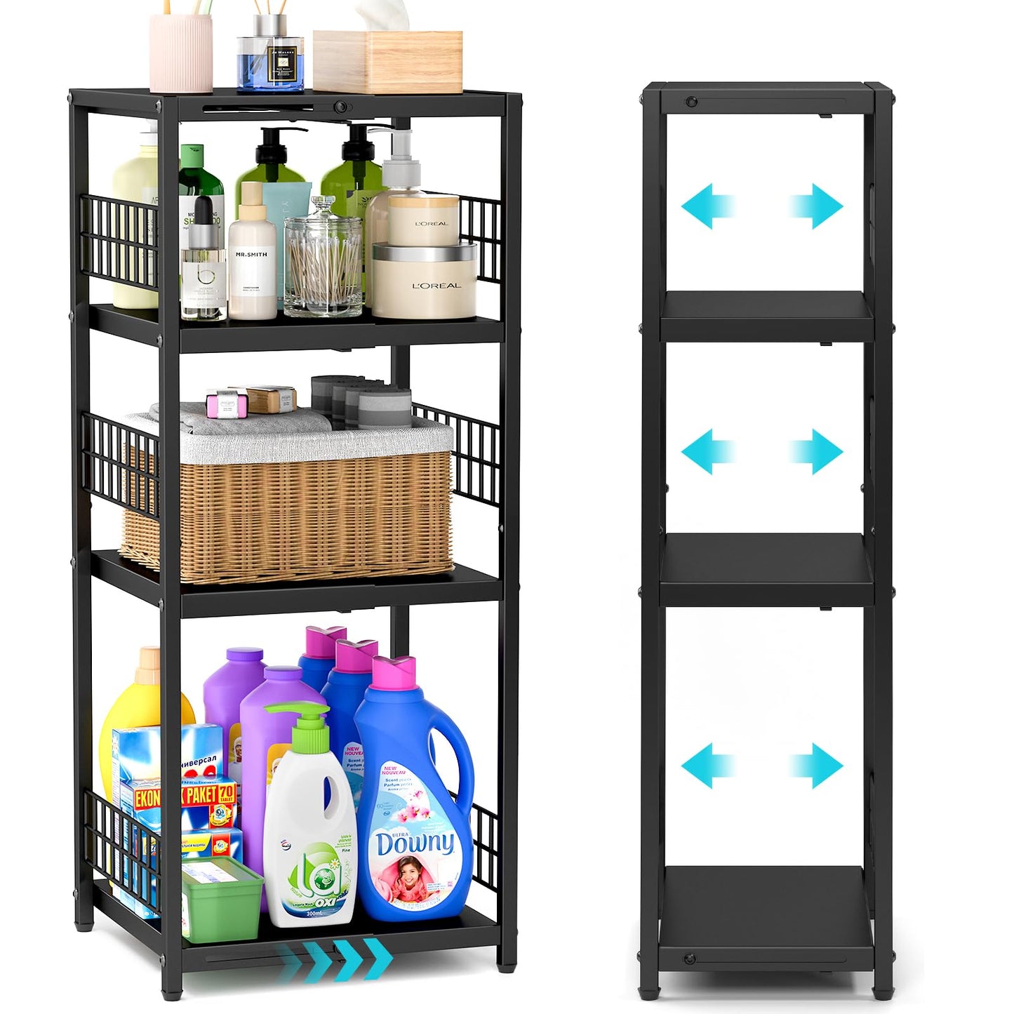 DAOUTIME Expandable Slim Storage Shelf, 4 Tier Metal Shelving Unit for Bathroom Storage Organizer, Freestanding Narrow Shelf for Small Spaces, Open Floor Shelves for Bathroom, Laundry Room, Kitchen