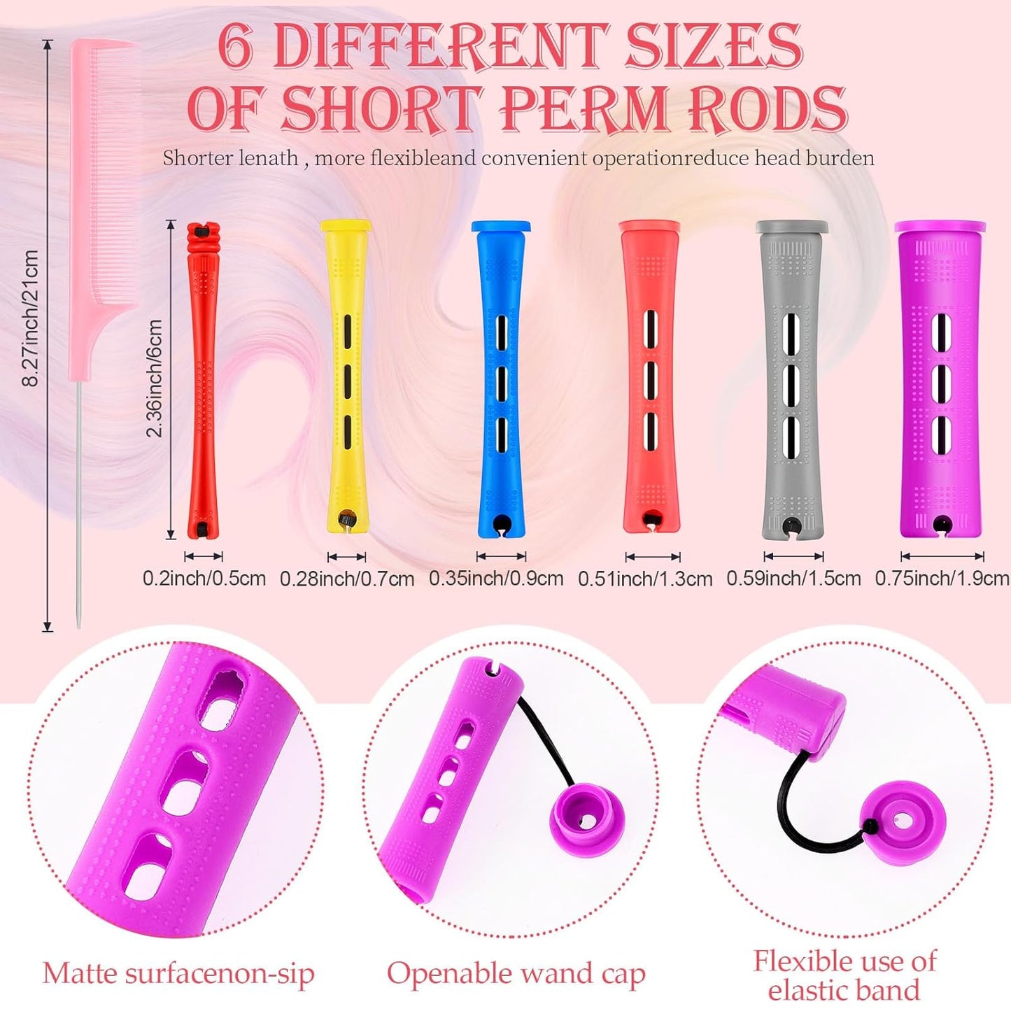 48 Pieces Hair Perm Rods - Short Cold Wave Curling Rollers with Steel Pintail Comb | 6 Sizes, 6 Colors