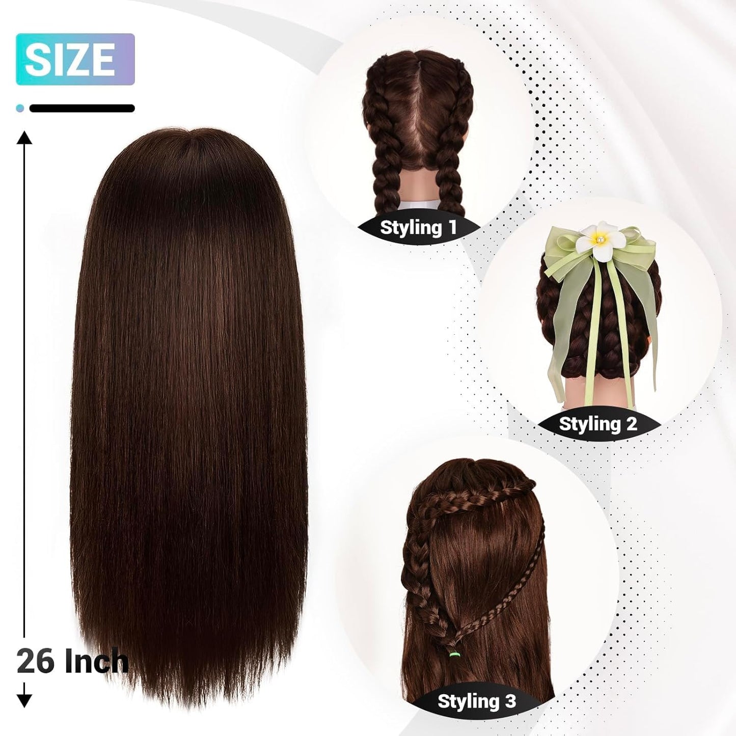 Mannequin Head - 26" Straight Hair Manikin with 80% Human Hair | Cosmetology Training Doll, Dark Brown