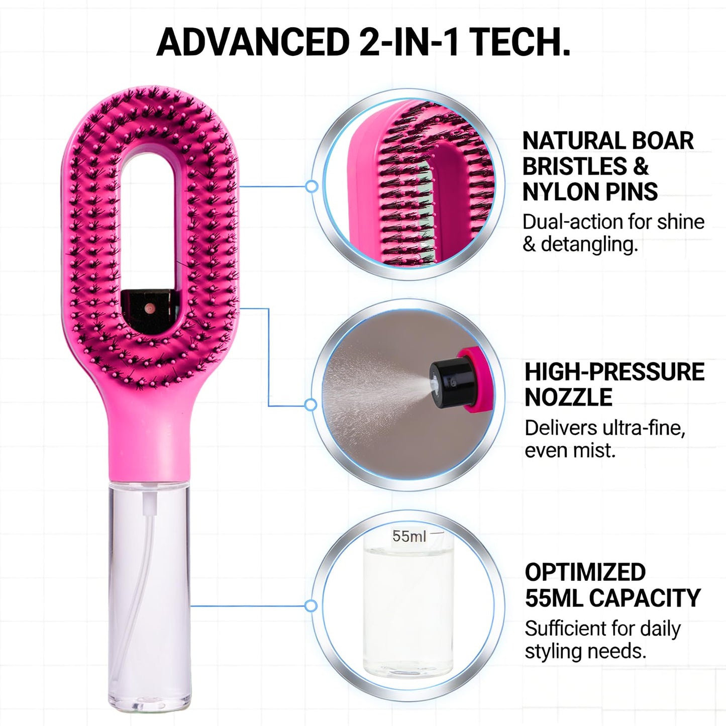 Hair Brush with Water Spray, 2-in-1 Detangling Tool for Frizz Control, Works on Wet & Dry Strands, Portable Mist Comb for Thick, Curly & Fine Textures(1 Rose Pink)